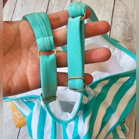 Kona Sol •Plus Size 24• V-neck Striped Turquoise White One Piece Swimsuit NWT - Picture 7 of 10